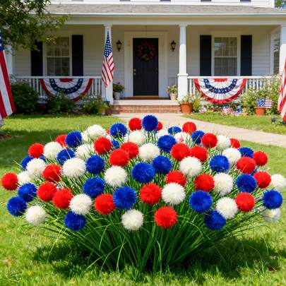 JHSHUDSE 8pcs - Patriotic Artificial Faux Grass Pom Poms, Red, White, Blue, Tricolor Combo Patriotic Greenery Decor, July 4th Decorations, Artificial Plants For Outdoor Yard Display | Event Beautification | Scene Setting, Durable Plastic Low Maintenance, Spring Summer, Mother's Day, Memorial Day, Independence Day, Suitable For Indoor/Outdoor Holiday Decoration, Perfect For Outdoor Patio, Garden, Porch