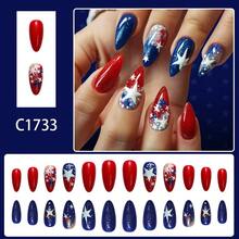 24Pcs Red Blue & Silver Glitter Press On Nails, Glossy Almond Fake Nails With Star Pattern, Patriotic Style For Holiday Events - Nhiều màu - Xem 2