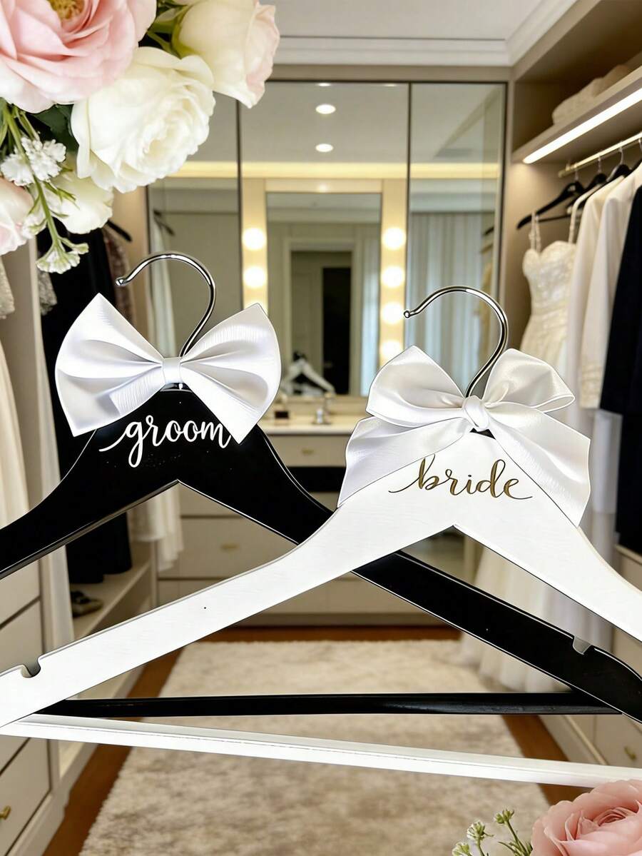 2pcs Customized Wooden Hangers, Laser Engraved Text For Bride And Groom, Home Decor - Multicolor - View 1