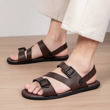 Men's Summer Essential Double Buckle Sandals, Non-Slip Flat Adjustable Strap Versatile Sandals With Anti-Slip Tread - Dark Brown - View 6