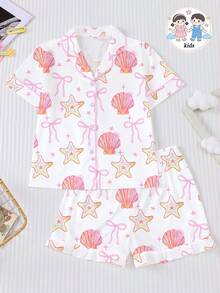 2pcs/Set Kids Colorful Seashell & Starfish Print Pajamas, Short Sleeve Shirt And Ruffle Hem Shorts Set, Ocean Theme Print With Gradient Seashell Rainbow Pattern, Suitable For Children And Teens Daily Wear, Vacation And Loungewear - White - View 9