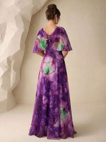 SUPGIR [Vestido elegante de gasa con diseño de volantes florales con cuentas, de manga mariposa y cuello redondo, con estampado floral de acuarela aleatoria] - Morado - Ver 2
