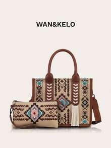 2pcs/Set Bohemian Vintage Women Handbag & Crossbody Shoulder Tote Bag With Wallet, Boho - Khaki - View 2