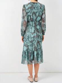 Women's Elegant V-Neck Long Sleeve Full Print Button Design Dress - Green - View 5