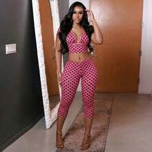 Spring And Summer New Women's Fashion Sexy And Stylish Polka Dot Sleeveless Printed Set For Women, Three-Piece Set For Women - 玫紅色 - 查看 3