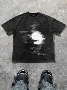 1pcsPAVTROS Manfinity Streetrush Men'S Washed Snow-Washed Blurred Face Print Round Neck Short-Sleeved T-Shirt, Spring And Summer Men'S Clothing, Boyfriend Gift T T Tee Shirt For Men Graphic180g |  USA - 黑色 - 查看 1