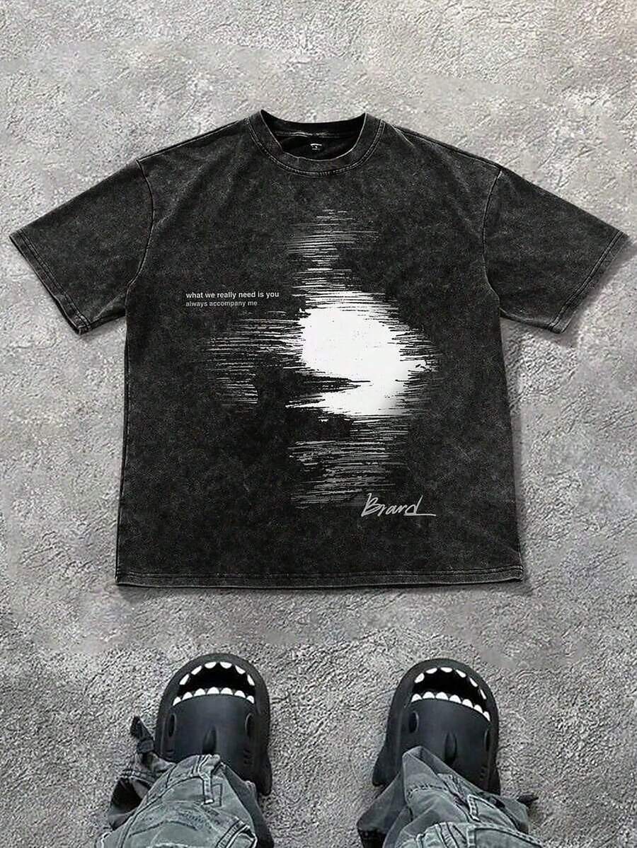 1pcsPAVTROS Manfinity Streetrush Men'S Washed Snow-Washed Blurred Face Print Round Neck Short-Sleeved T-Shirt, Spring And Summer Men'S Clothing, Boyfriend Gift T T Tee Shirt For Men Graphic180g |  USA - 黑色 - 查看 1