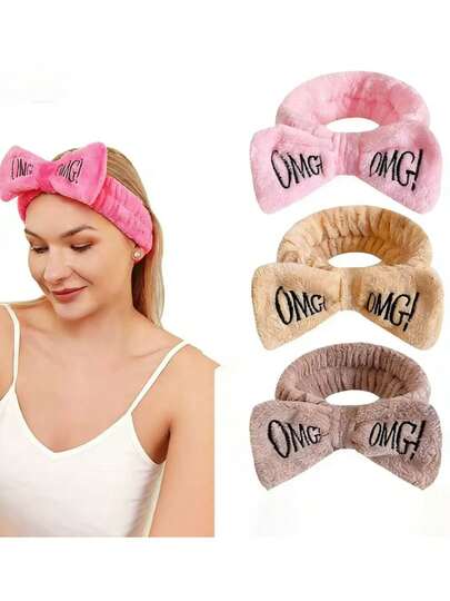 1/3/4/6个 OMG字母毛绒刺绣大蝴蝶结发带，批发女士洗脸化妆发带