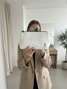 1 Túi nhỏ bằng da giả màu trắng, khóa kéo, cỡ trung bình - Phong cách tối giản sang trọng, in logo  Beaute, hình thang, túi đựng mỹ phẩm đa năng cho du lịch và sử dụng hàng ngày. - trắng - Xem 7