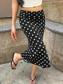 Chân váy chữ A cạp cao chấm bi đen trắng cổ điển mới, chân váy công sở, trang phục lễ hội, trang phục đi biển, trang phục đồng quê cho nữ mùa xuân - màu đen - Xem 3