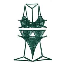 Lilosy Sexy Choker Floral Lace Scallop Sheer Underwire Push Up Garter Belt Lingerie Set 3 Piece - 軍綠色 - 查看 5
