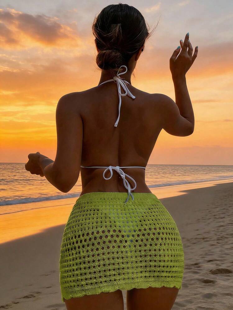 Women's Solid Color Casual Bohemian Style Hollow Crochet Beach Vacation Dress, Summer - Pistachio Green - View 7