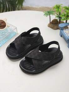 婴幼儿男女童交叉绑带魔术贴凉鞋，柔软防滑儿童夏季沙滩鞋 - 黑色 - 查看 2