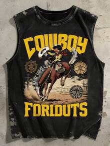 Retro Western Cowboy Sleeveless Vest Washed Cotton Breathable Fabric, Comfortable For Outdoor Wear Unisex American Street Style - 黑色2 - 查看 1