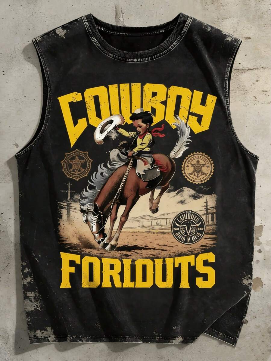Retro Western Cowboy Sleeveless Vest Washed Cotton Breathable Fabric, Comfortable For Outdoor Wear Unisex American Street Style - 黑色2 - 查看 1