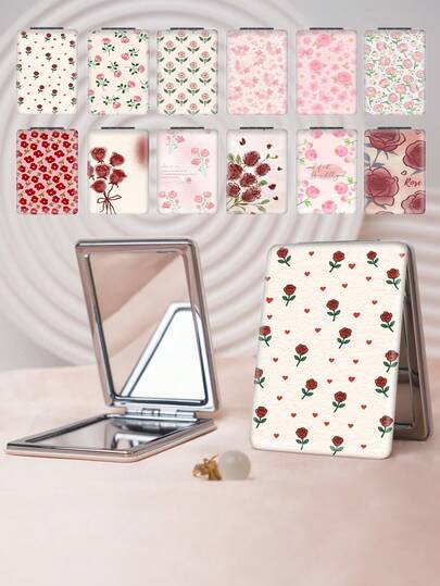 1pc Floral Vanity Folding Mirror, Portable Compact Handheld Mirror With Delicate Flower, Heart, Letter Prints, Lightweight PU Leather, Suitable For All Occasions And Users