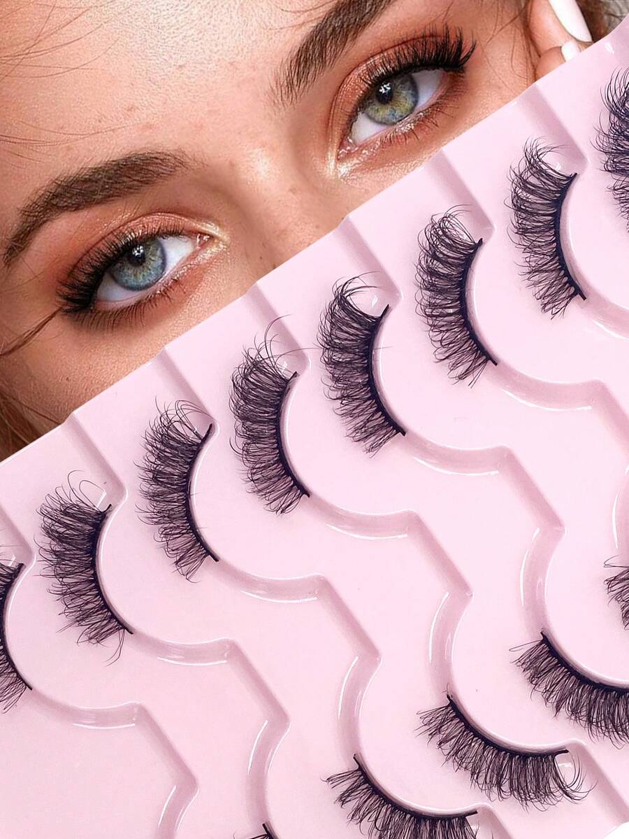 ENCHUW 8 Pairs Natural Half Eyelashes,Cat Eye Soft Stem Wispy Manga Lashes,Lightweight False Eyelashes - Black - View 1