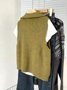 Autumn/Winter New Ribbed Knit Vest, Coffee Color, Sleeveless, Double Zipper, Casual Commute Layering Essential - Mustard Yellow - View 5