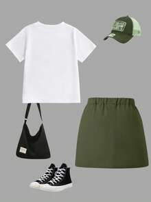 少女字母印花短袖T恤和休闲工装裙套装 - 軍綠色 - 查看 3