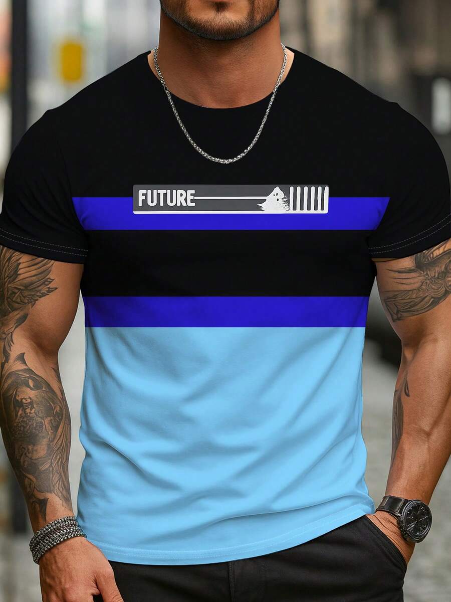 Camiseta de hombre a la moda en negro, azul oscuro y azul claro, de fibra de poliéster impresa en 3D, camiseta casual de cuello redondo adecuada para deportes y uso al aire libre, ajuste cómodo, tela suave, disponible en varias tallas, enviada localmente desde México. - Colores mixtos - Ver 1