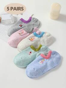 5 Pairs Women's Ankle Socks, Cute Cartoon Embroidery, Candy Colors Dopamine Outfit Essential, Japanese Sweet Daily Versatile, Shallow Silicone Non-Slip Breathable, Suitable For Spring And Summer - Multicolor - View 1