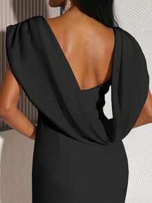 AOMEI Elegant Charming Black Slim Fit Midi Dress, With Draped High Neck Vest Design Fall Party - Black - View 3