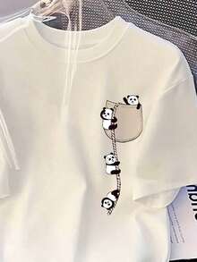 New 2026 Women's Casual Shirt, Round Neck, Panda Print, Short Sleeves - Sleep - White - View 4