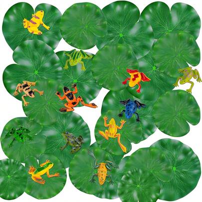 14 piezas Decoración de rana de plástico mini y set de hojas de lirio artificial, que incluye 6 ranas de plástico de colores y 8 hojas de lirio flotantes para estanque, decoración de jardín y piscina, favor de fiesta
