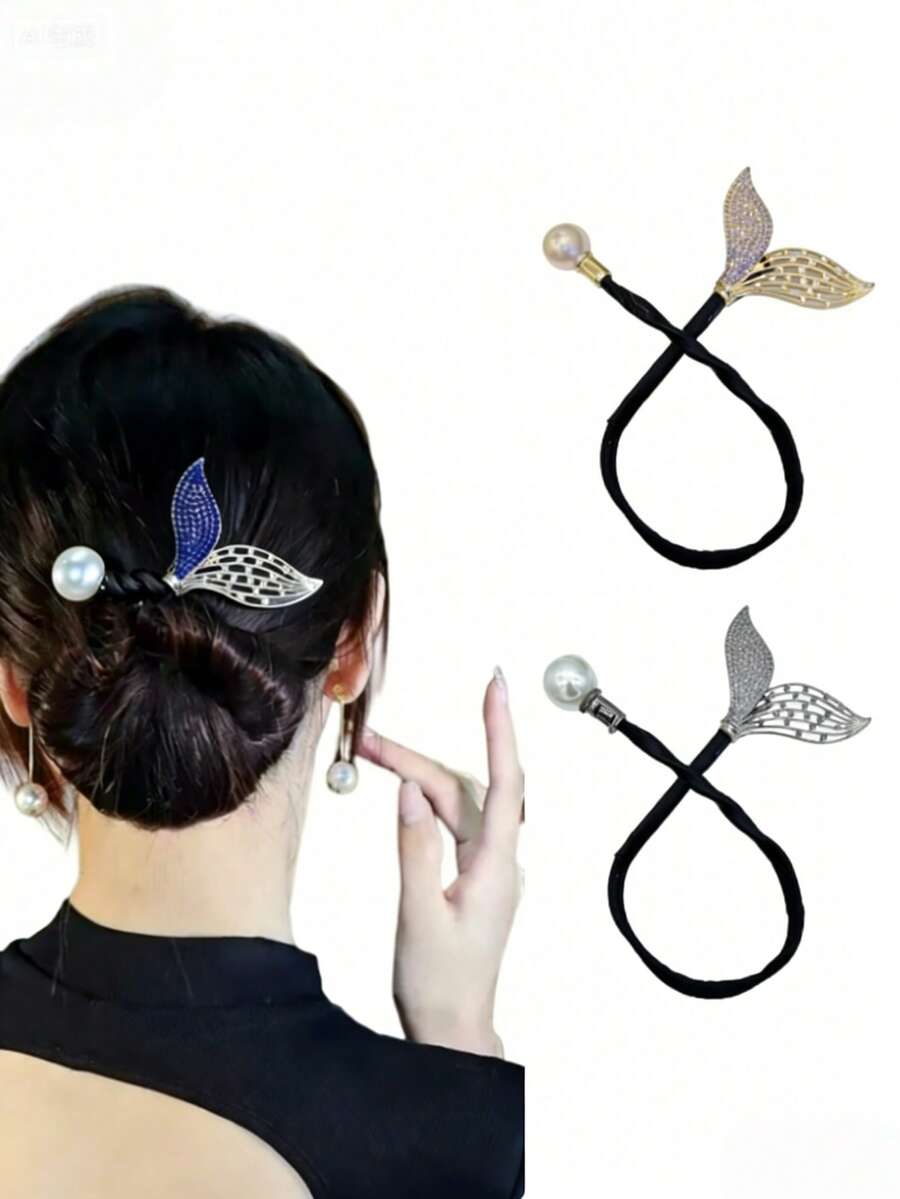 一套美人鱼尾巴水钻发髻制作工具，金/银珍珠装饰慵懒发髻制作器，时尚鱼尾发夹，优雅日常及派对发饰 - 彩色 - 查看 1
