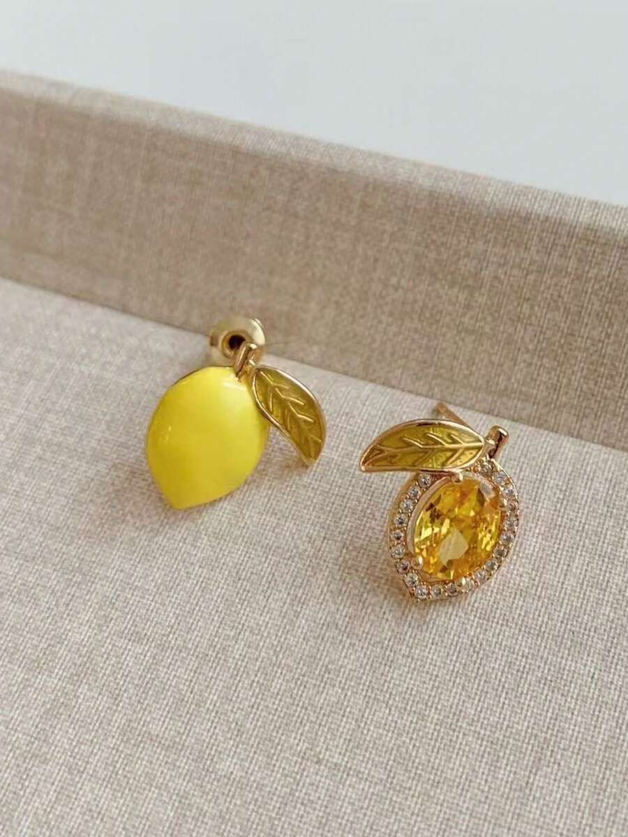 1 Đôi bông tai hình quả chanh mùa hè, thiết kế độc đáo, đính đá Zirconia siêu nhỏ, bông tai bất đối xứng tráng men nhỏ giọt thủ công. - Màu vàng - Xem 1