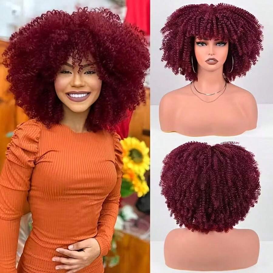 16 Inch Afro Kinky Curly Wigs For Women 1B Color Full Fluffy Bomb Style | Soft Synthetic | For Daily Party Cosplay Costume Halloweeen And Christmas - 酒紅色 - 查看 1