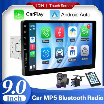 Đầu phát MP5 trên ô tô 9 inch 1DIN với CarPlay, Android Auto, Bluetooth, Radio, màn hình cảm ứng, camera lùi, FM, phản chiếu màn hình, điều khiển vô lăng.