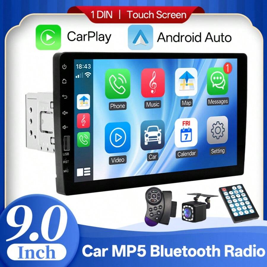 Đầu phát MP5 ô tô 9 inch 1DIN với CarPlay, Android Auto, Bluetooth, Radio, màn hình cảm ứng tích hợp camera lùi, FM, Mirror Link - Có camera lùi - Xem 1