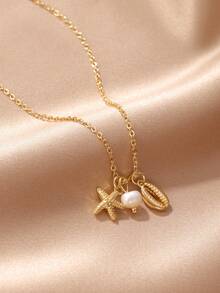 1 chiếc vòng cổ mặt dây chuyền hình ngọc trai nước ngọt, sao biển và vỏ sò bằng đồng thời trang, có thể điều chỉnh kích thước, thích hợp cho phụ nữ đi nghỉ mát ở bãi biển. - Vàng - Xem 5