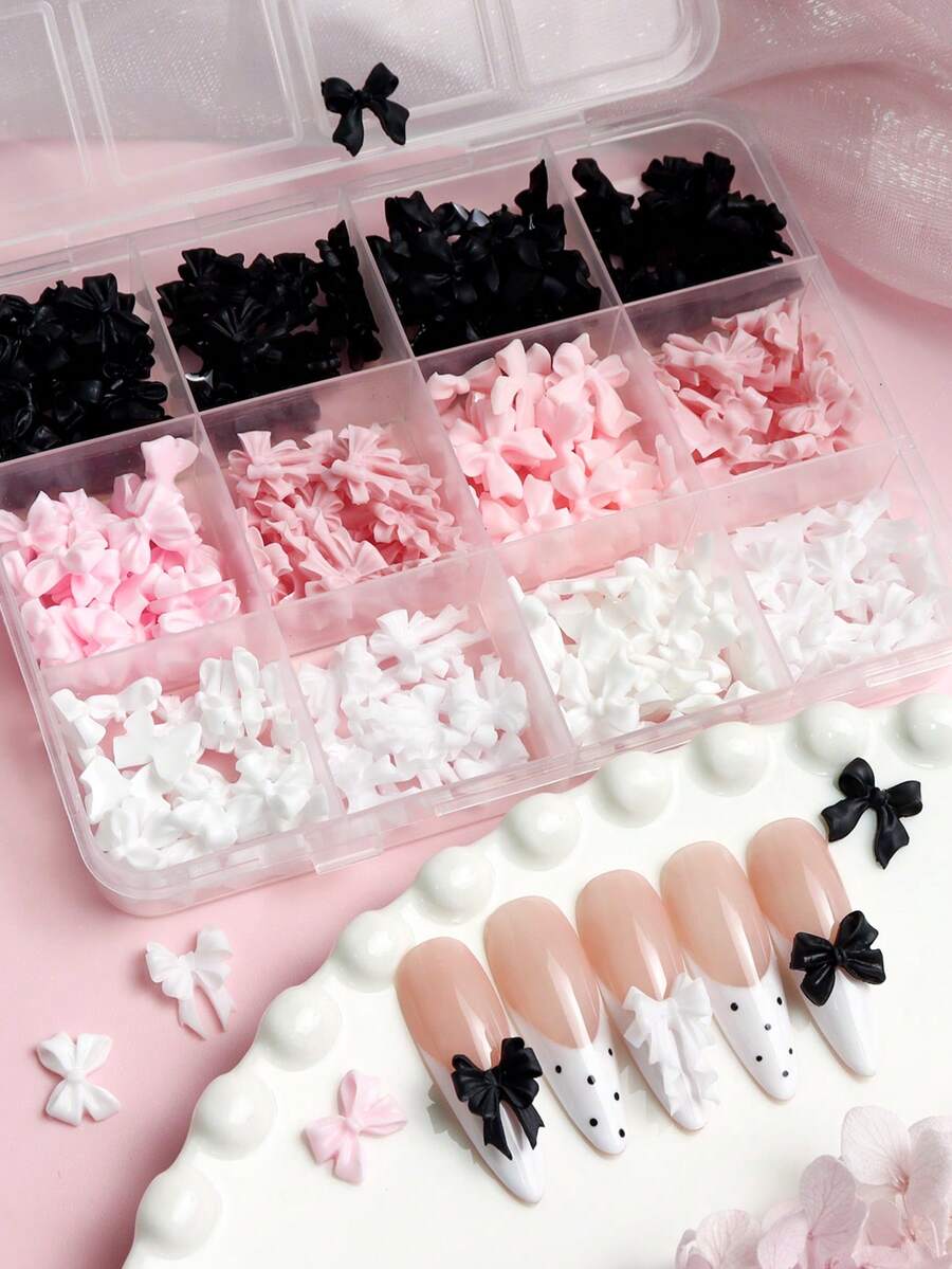 1个可爱粉色、白色、黑色3D蝴蝶结美甲装饰，多款式蝴蝶结春夏美甲装饰，卡哇伊美甲配件，Y2K浪漫简约蝴蝶结美甲用品，适合DIY女性美甲沙龙设计