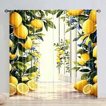 2pcs Vintage Lemon Print Curtain Set Features Yellow Lemon Berries And Blue-Green Leaf Patterns, A Rustic Mediterranean Style, Perfect For Summer Window Decorations In The Kitchen And Dining Room. - Multicolor - View 8