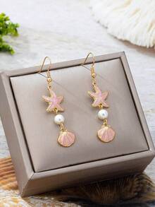 2pcs/Set Delicate Starfish & Shell Pendant Earrings, Unique Design Starfish Pendant Necklace With Pearl, Suitable For Women, Fresh Summer Daily Wear Jewelry, Beach Holiday Accessories - Pink - View 3