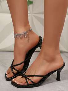 Thong Mule Heels For Women Stiletto Kitten Heel Sandals Knotted Strappy Square Open Toe Dressy Fashion Vacation Beach Summer Shoes Flip Flops - Black - View 7