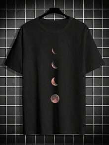 Manfinity LEGND Camiseta De Hombre Con Cuello Redondo Y Manga Corta, Patrón De Luna. - Negro - Ver 4