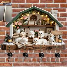 Winter Cabin White Cat Wooden Key Rack, Vintage Rose Warm Light Cottage, 4 Hooks Wall-Mounted Entryway Key Storage Decorative Plaque, 2D Flat Non-3D - A - View 2