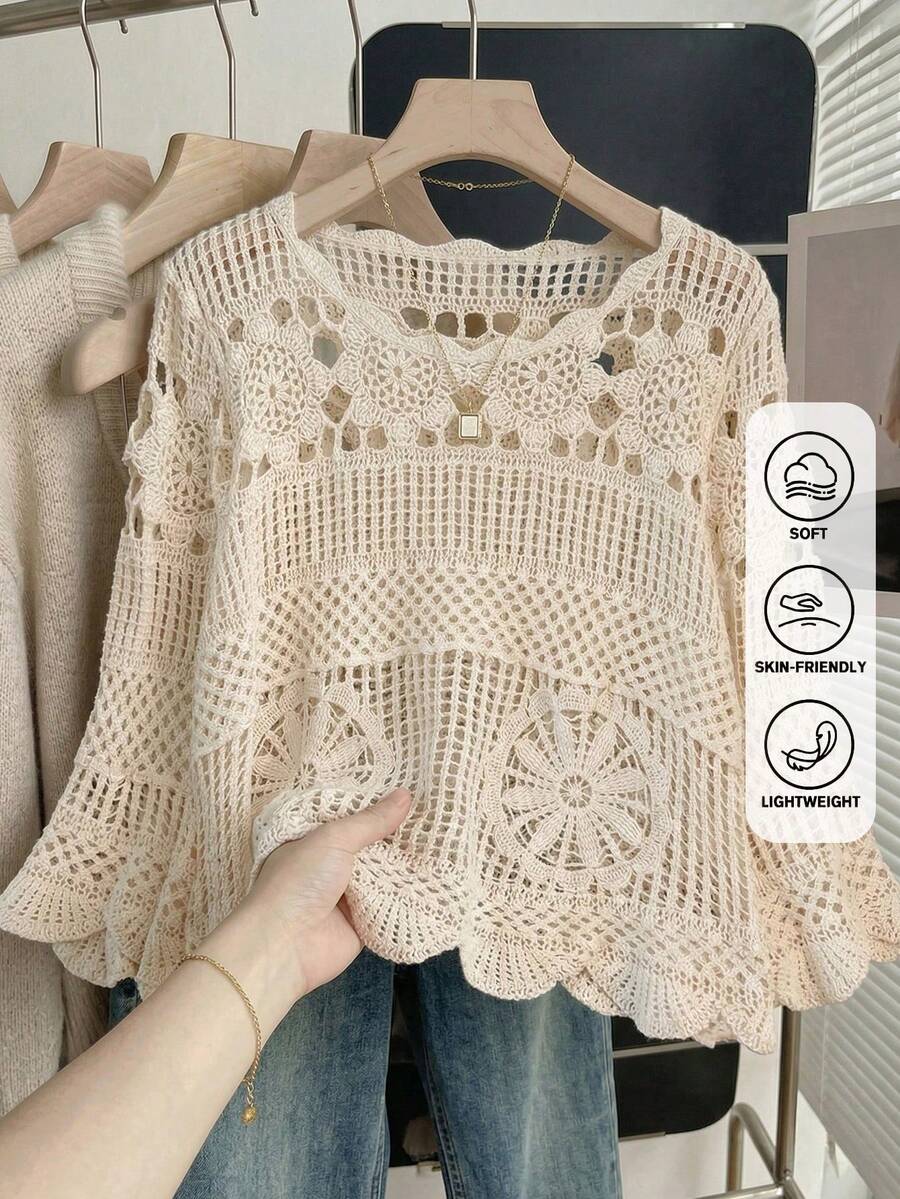 Women's Summer Bohemian Style Hollow Out Blouse | Ruffle Hem Loose Beach Cover Up, Suitable For Vacation, Seaside And Summer Music Festival - Apricot - View 1