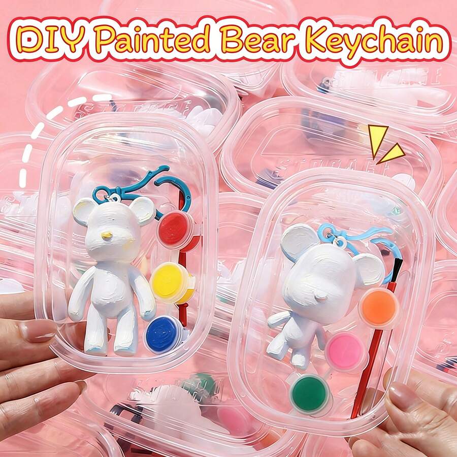 一套随机流体熊钥匙扣DIY绘画套装，包含颜料、勺子、熊雕塑和画笔，装在袋子/盒子里，创意手工熊玩具，艺术工艺套装，适合返校季、母亲节礼物、办公用品、办公桌配件、办公用品、办公配件 - A - 查看 1