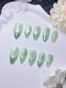 10片手工杏仁形美甲片，銀色金屬法式尖頭指甲，淺藍色貓眼、淺紫色貓眼、薄荷綠貓眼，法式貓眼效果，銀色星星水鑽裝飾，簡約時尚高端，亮色適合春夏，快速佩戴與卸除，按鈕式手工穿戴甲 - 薄荷綠 - 查看 3