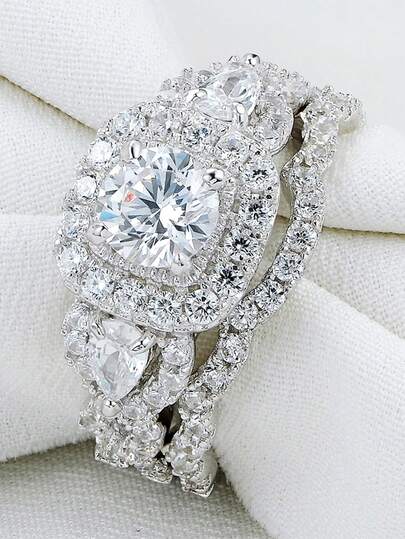 AIHUASI 2pcs/Set 925 Sterling Silver Glamorous Wedding Rings Set For Women 6*6mm 0.8 Ct Round & Pear Cubic Zirconia Luxury Engagement Jewelry Valentines Gift