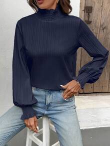 Women's Long Sleeve Elegant High Collar Pleated Lantern Sleeve Solid Color Blouse - Navy Blue - View 6