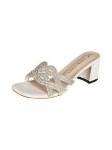 Women's Solid Color Glamorous PU Leather Rhinestone High Heel Sandals, Square Toe Chunky Low Heel Slip-On Shoes For Party, Spring/Summer - White - View 15