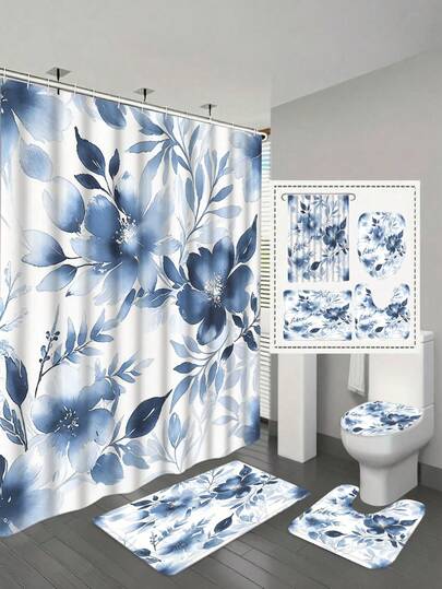 Bộ 4 món rèm tắm họa tiết hoa màu nước xanh dương, trang trí phòng tắm hiện đại tối giản bằng vải chống thấm nước - Rèm tắm polyester chống thấm nước, thảm tắm chống trượt, thảm toilet hình chữ U, 12 móc treo - Phong cách đương đại, phù hợp trang trí nhà cửa, phụ kiện phòng tắm, dễ dàng vệ sinh và bảo quản, quà tặng tân gia trang nhã - Phù hợp mọi mùa.