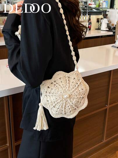 Dedoo Hand-Crocheted Flower-Shaped Crossbody Bag With Classic Granny Square/Laser-Cut Crochet Design, Tassels And Large Pearl Decorations, Suitable For Daily Carrying, Casual Vacations And Dating.
