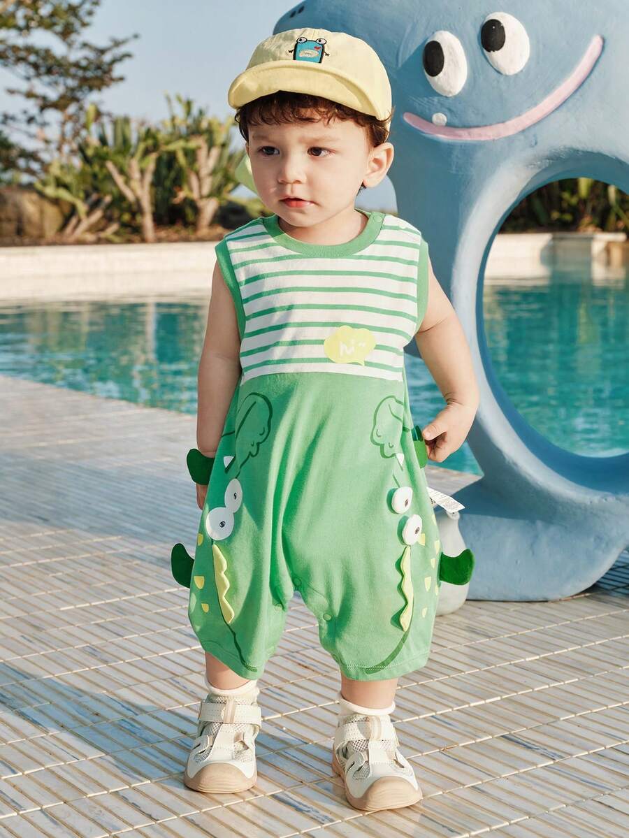 Balabala Bộ áo liền quần mùa hè cho bé năm 2026, kiểu dáng dễ thương, chất liệu cotton mềm mại thoáng khí, thiết kế ngộ nghĩnh, thoải mái khi mặc. - Xanh và trắng - Xem 1