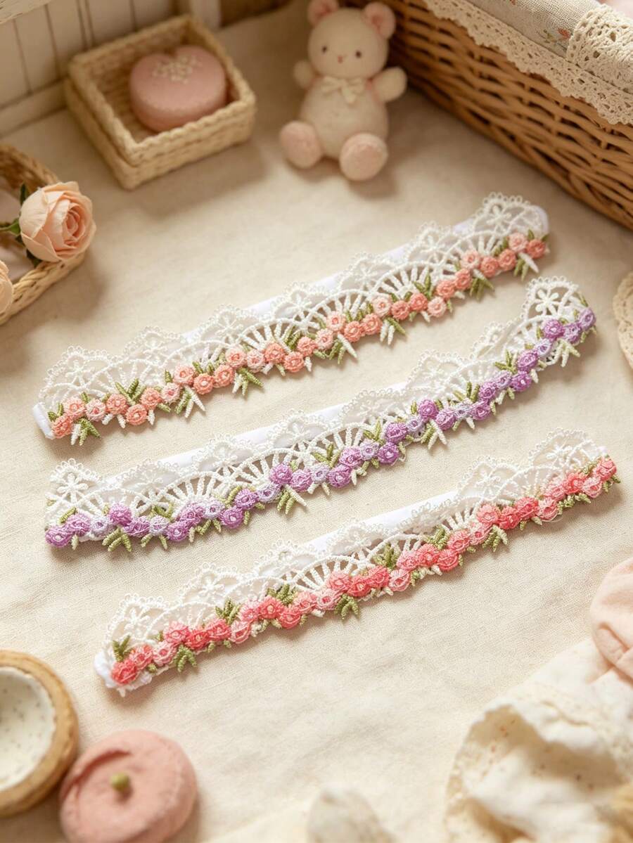 jralon 3pcs/Set European And American Style Baby Embroidered Floral Elastic Lace Soft Adjustable Headbands, Sweet Retro Headwear Set, Newborn Gift, Baby Shower, Mother's Day, Graduation Photo Props - Multicolor - View 1